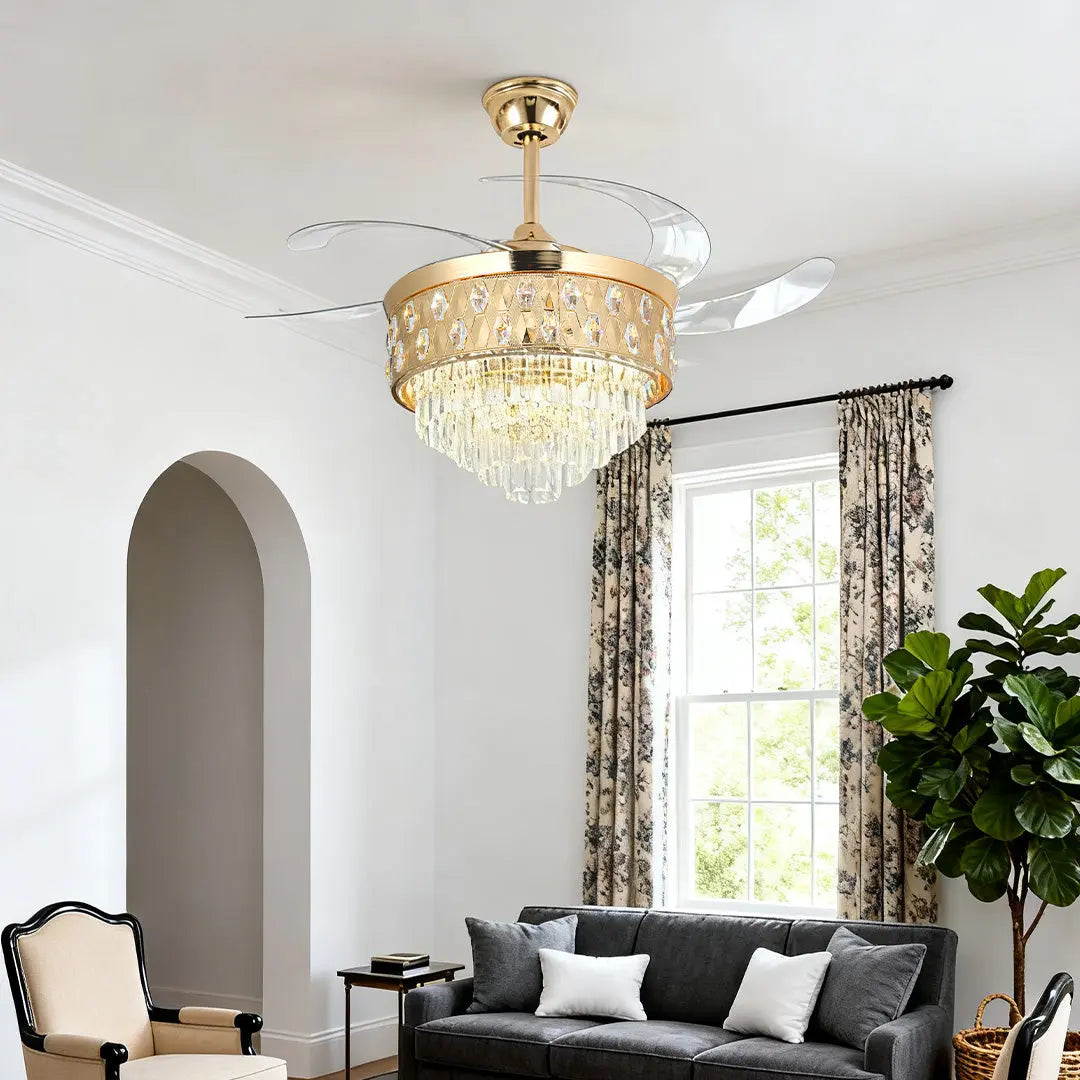 Luxury Gold Iron Ceiling Fans with Crystal Pendant Lights Luxe