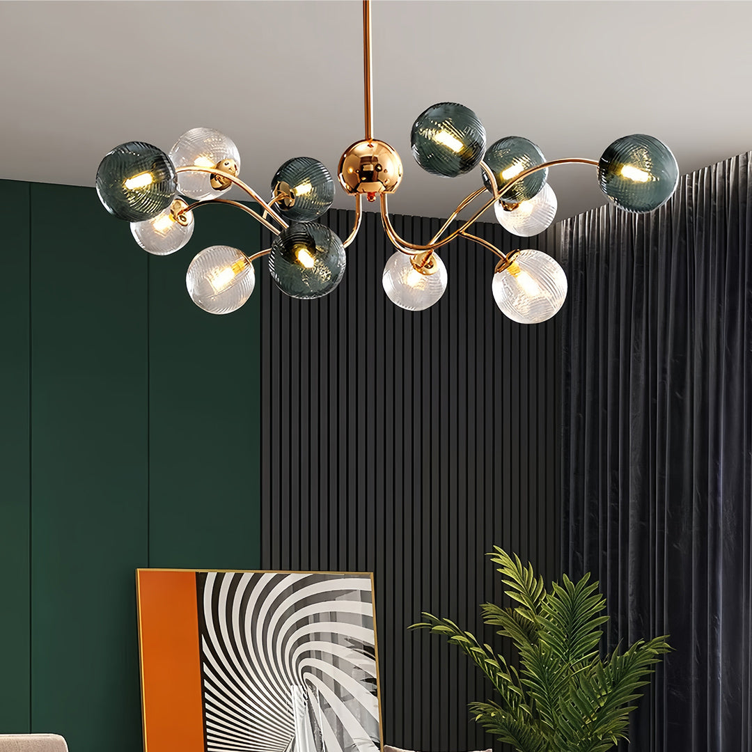 Tree Branch Flush-Mount Chandelier — Gold Iron, Clear Green Glass, 6-Light, 3-Step Dimming