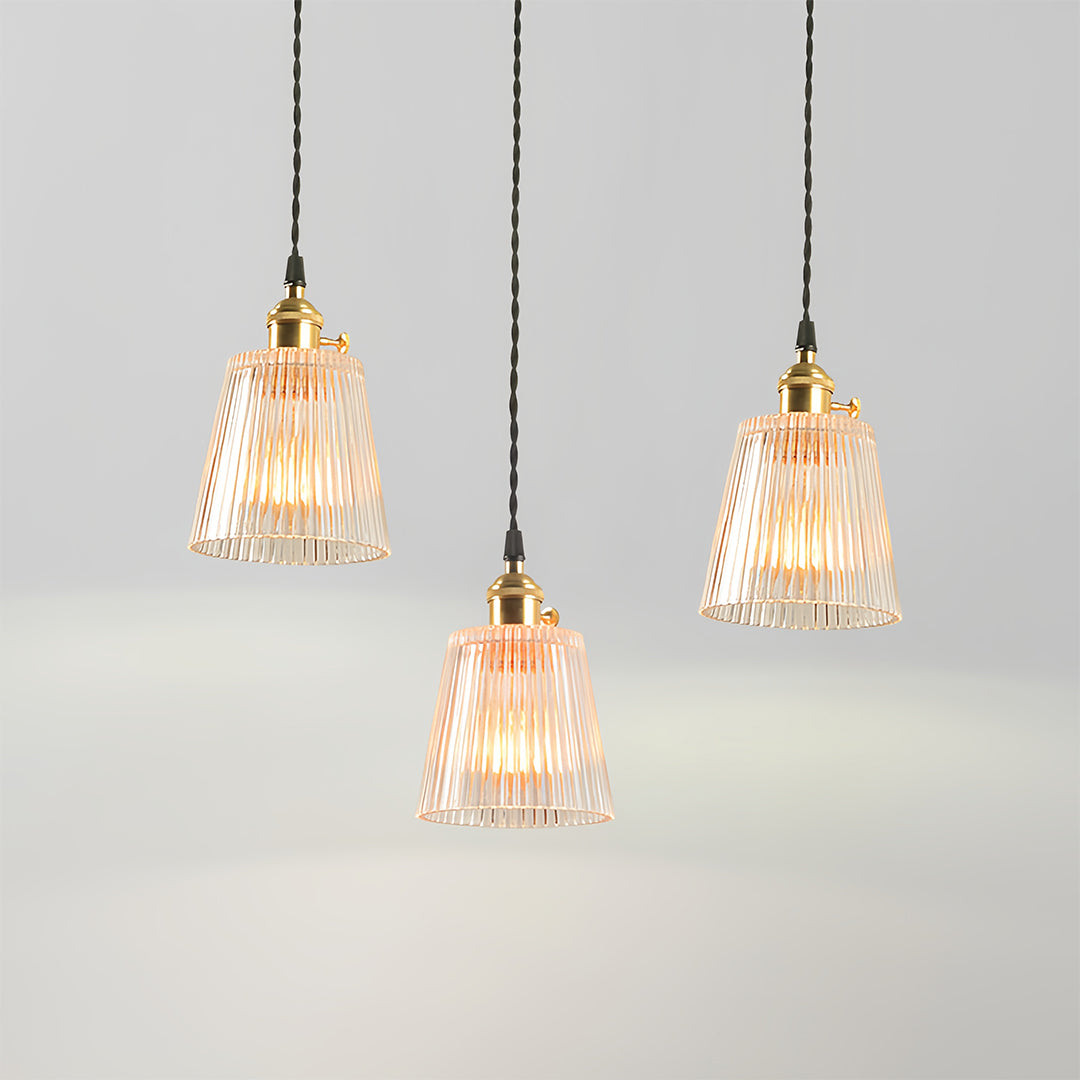 Minimalist Brass Mini Pendant — Clear Striped Glass, E26, 1-Light, Adjustable 1.4m Cord