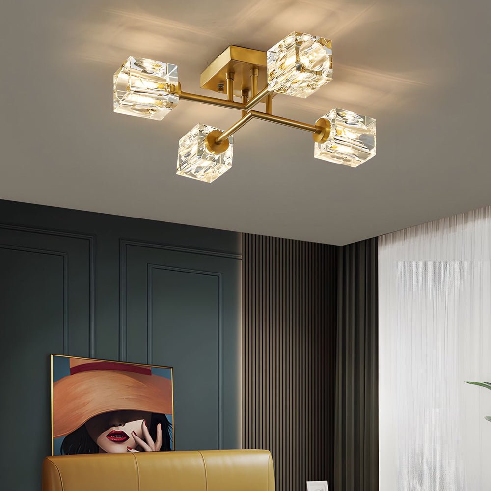 contemporary copper crystal cube semi flush mount light fixture available in 4 6 or 8 lights