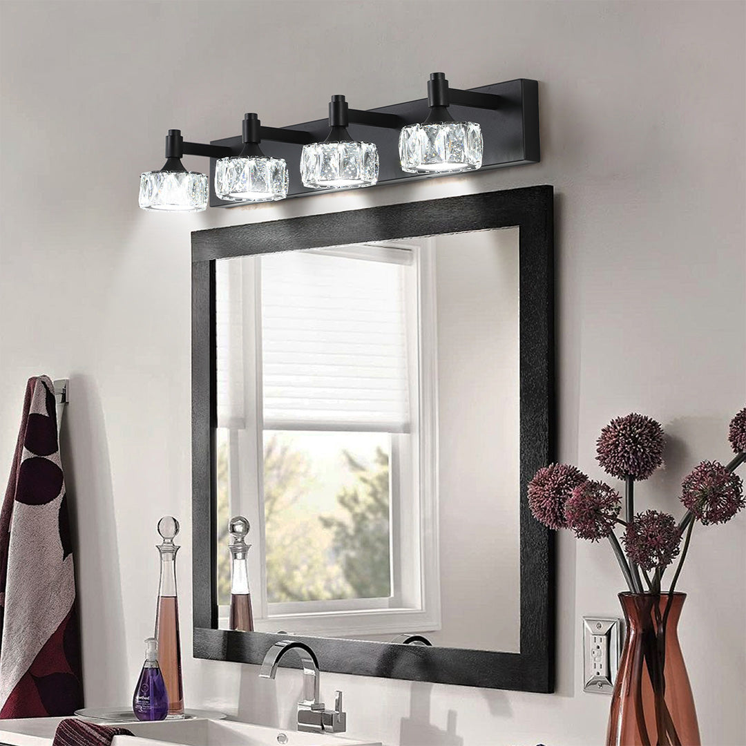 Modern Crystal Bathroom Vanity Light — Black Iron, 6000K LED, 30W, 4-, 5-, or 6-Light
