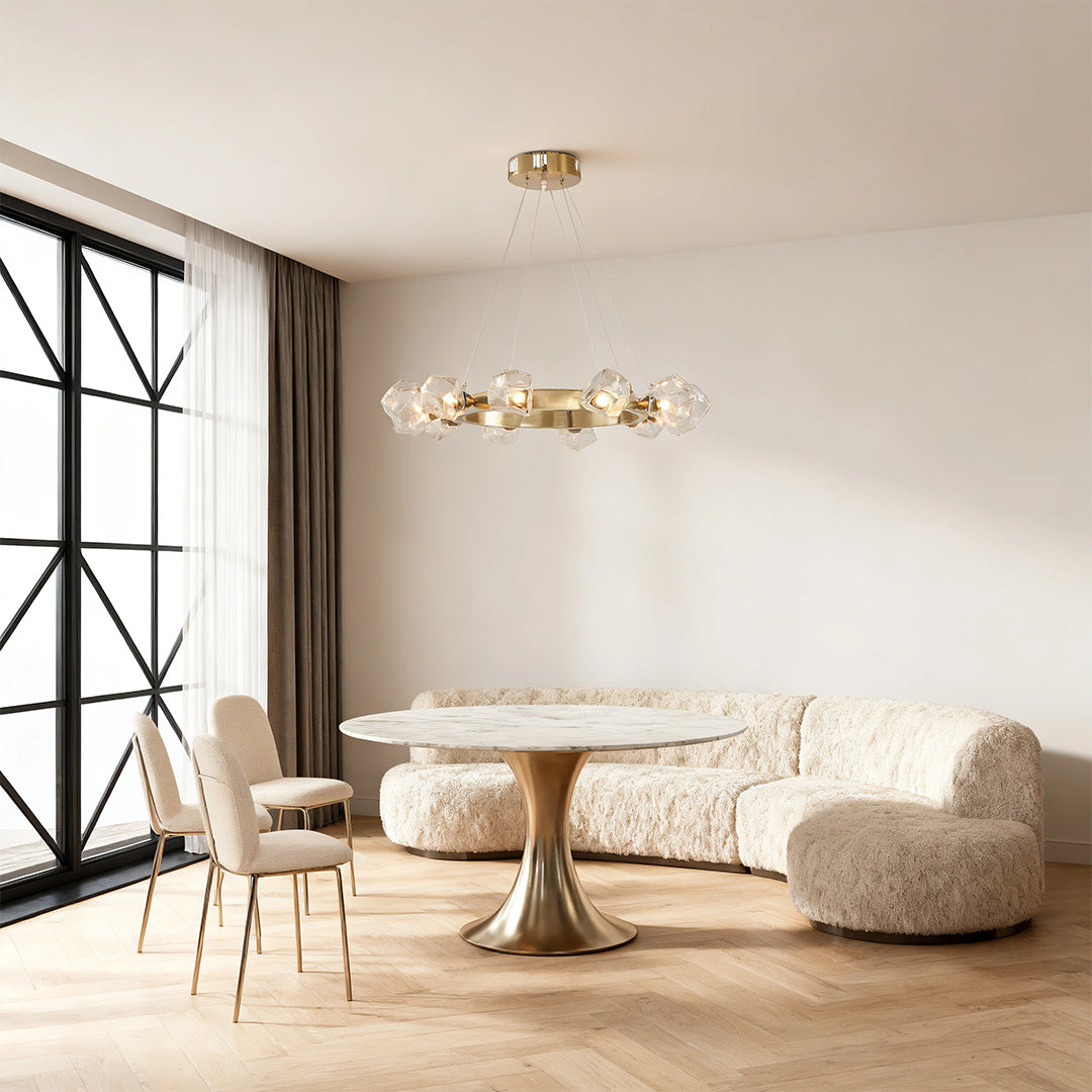 Polished Brass Ring Chandelier — Gold, Circular Geometric, Transparent Glass Shades, E12, 30.9" Diameter