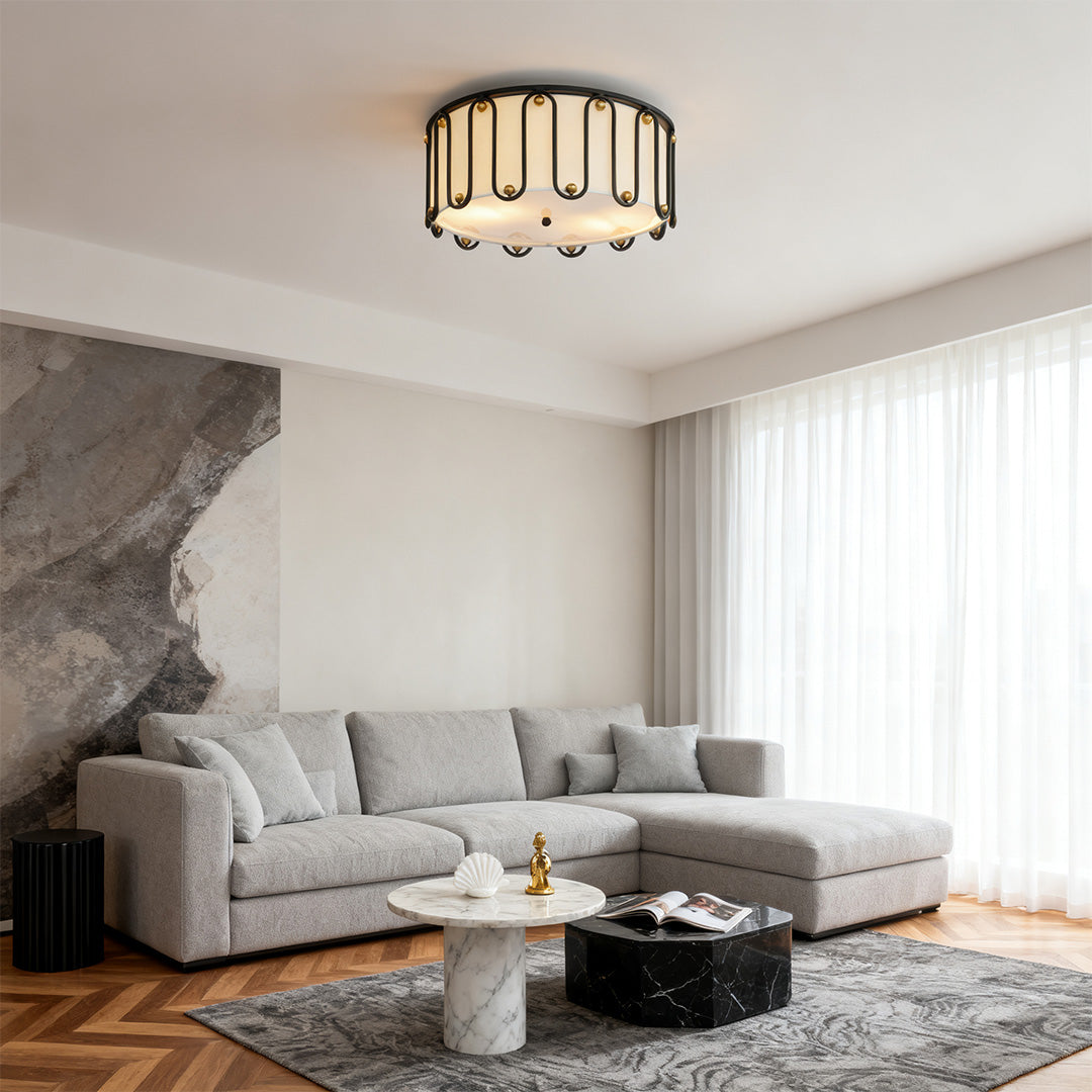 Vintage Round Drum Flush-Mount Ceiling Light — Black Metal, Acrylic Shade, E27, 20"