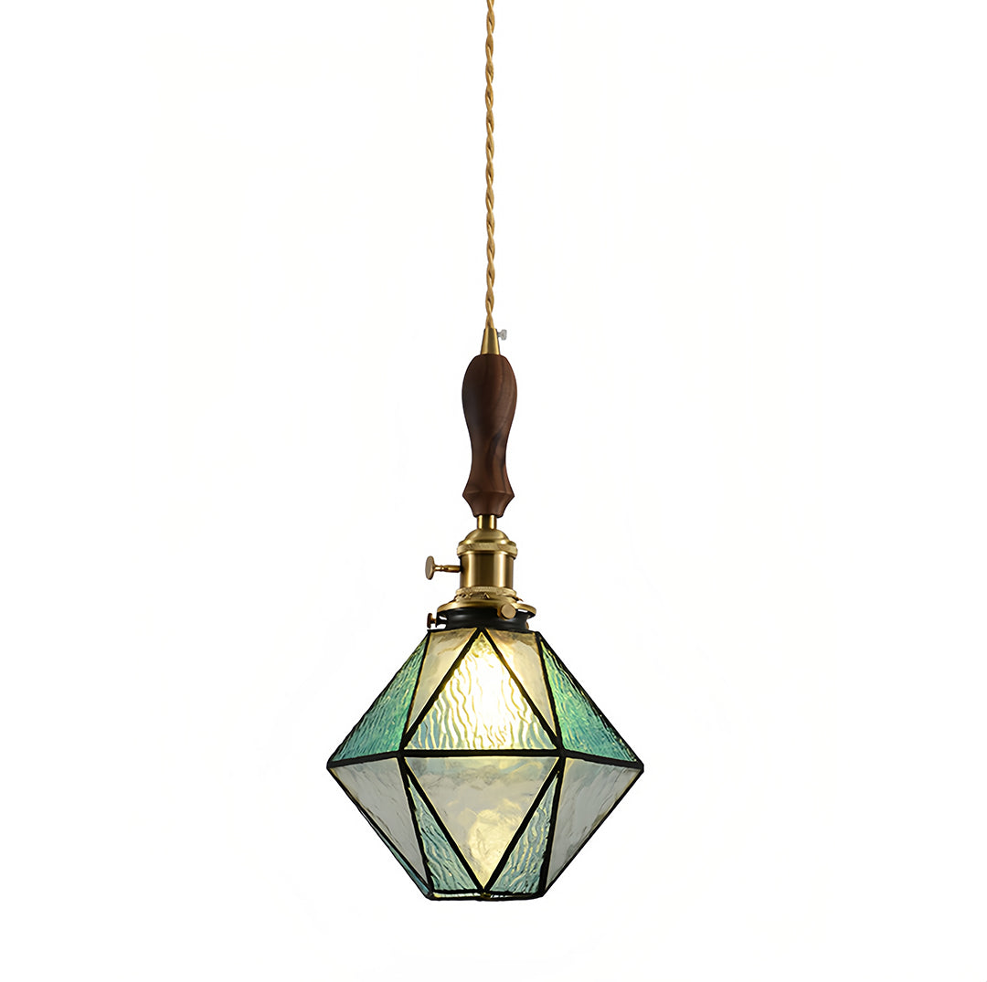 Diamond-Shaped Mini Pendant — Antique Brass, Wood and Tiffany Glass, 16W E27, 2m Adjustable Cord