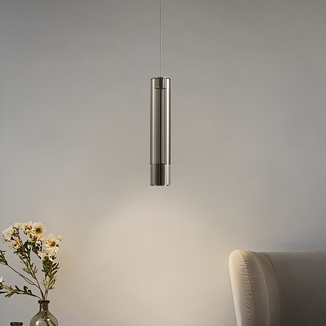 Minimalist Crystal Cylinder Mini Pendant — Metal, Single-Light, Amber or Smoke Gray, 2W, Adjustable Cord