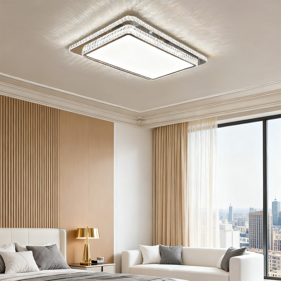 Minimalist Crystal Flush-Mount — Chrome Stainless Steel, LED, 3-Step Dimming, Round/Square/Rectangle, 19.7"–43.3"