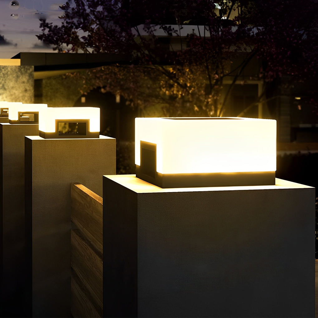 Square Outdoor Pillar Light — Stainless Steel, PE Shade, Solar / Hardwired, 3000K, IP65 Weatherproof