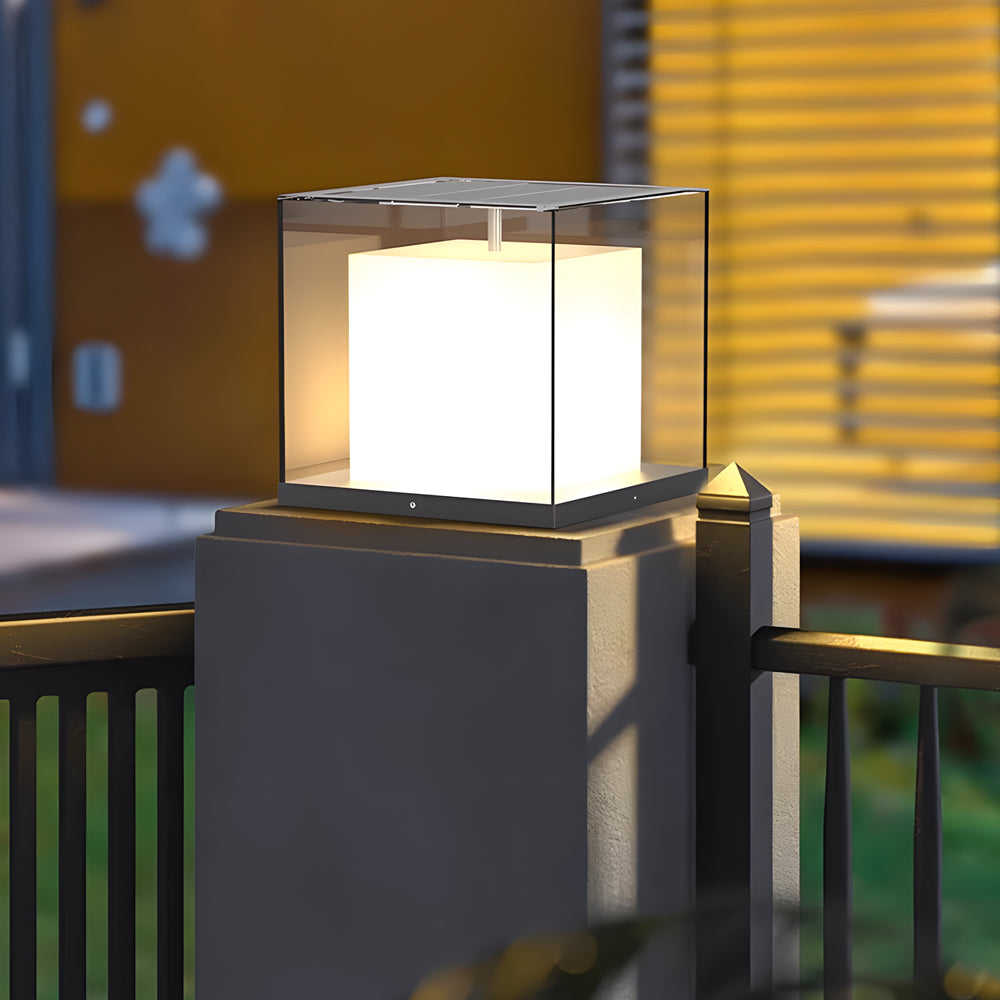 Minimalist Square Gate Pillar Light — Stainless Steel & Glass, Solar or Hardwired, 3000K LED, IP65, 360° Illumination