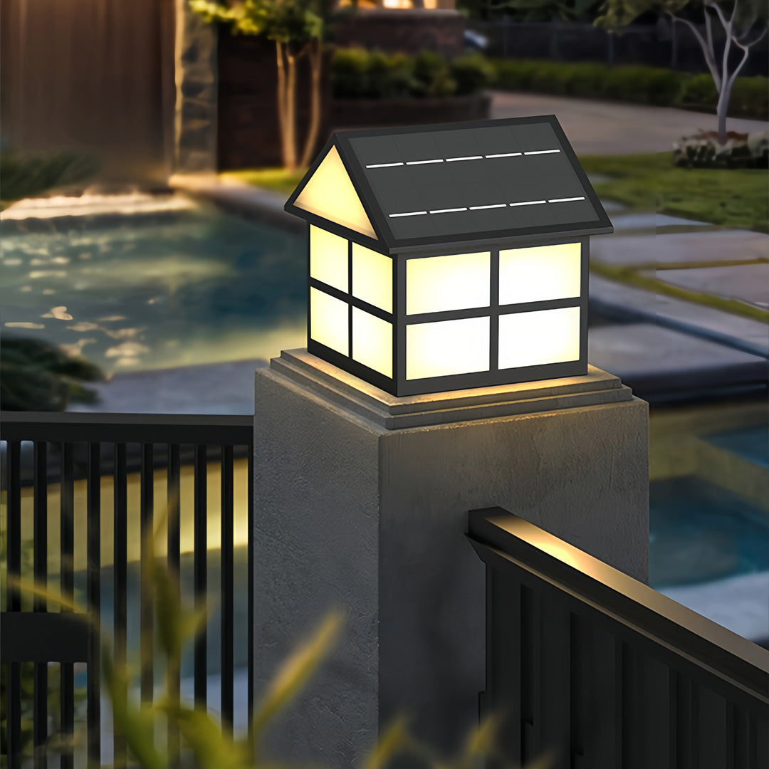 House-Shaped Gate Pillar Top Light — Black Stainless Steel, 5W LED, Solar or Hardwired, IP65, 3 Sizes