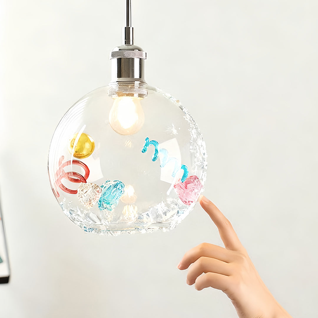 Memphis Geometric Iridescent Glass Globe Mini Pendant — White Metal Frame, E27, 1-Light, 20cm, Adjustable 2m Chain