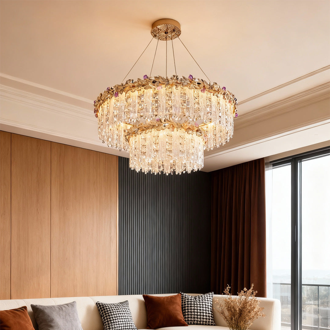 Minimalist French Crystal Chandelier — Champagne Gold Steel, Three-Color Dimming, 31.5" Adjustable Rope, Single- or Double-Layer