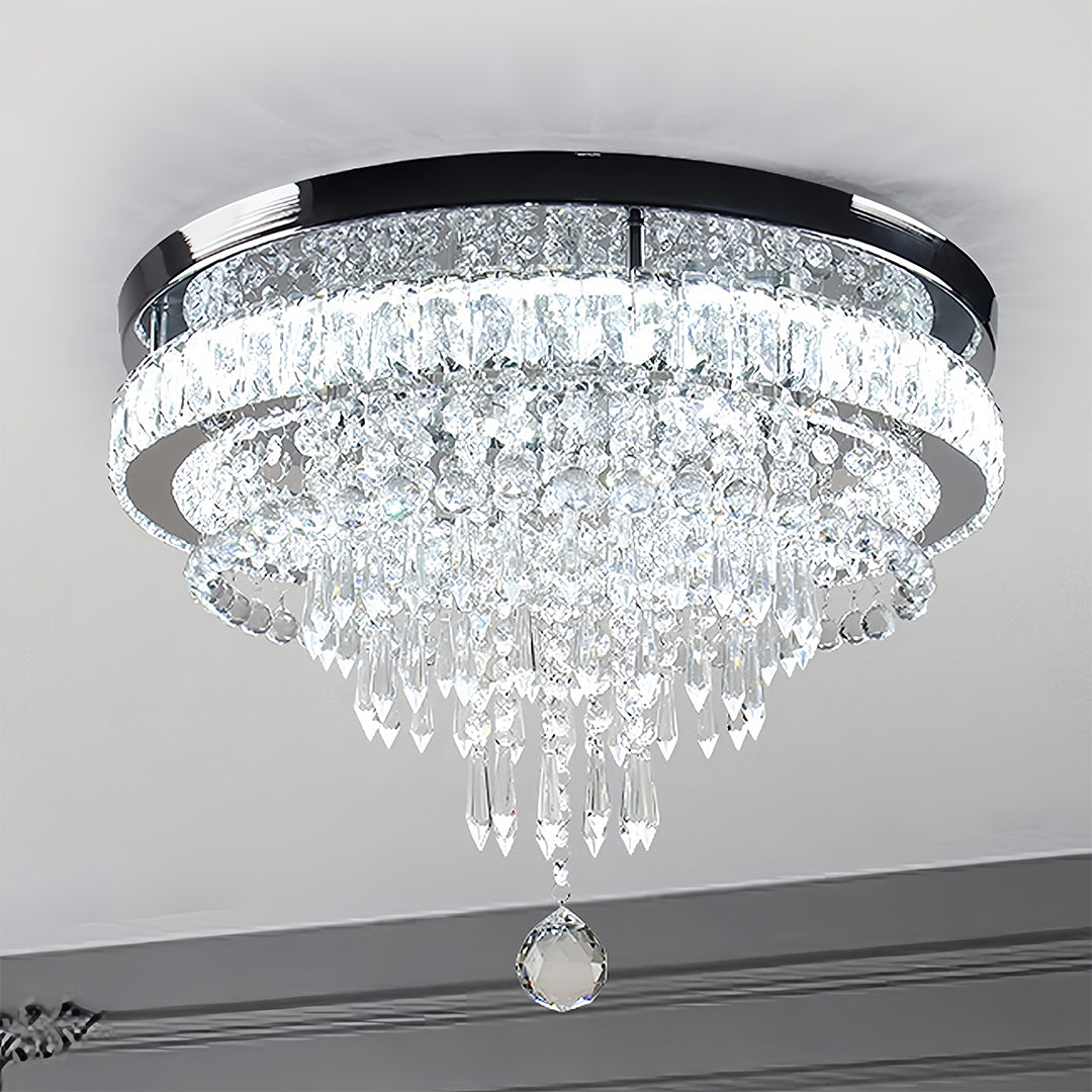 Round Crystal Flush-Mount Chandelier — Gold Stainless Steel, 55W LED, Four-Mode Dimming, 19.69"