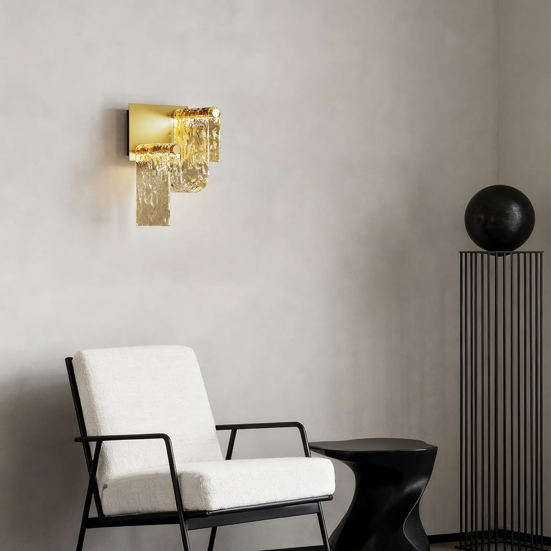Italian Light Luxury Wall Sconce — Gold Metal, Amber Glass, LED, 9W / 11W, 3000K Warm White