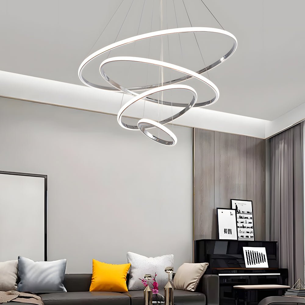 Tiered Ring Chandelier — Chrome Aluminum, 3/4-Light, LED Dimmable 3000K–6000K, Remote Control