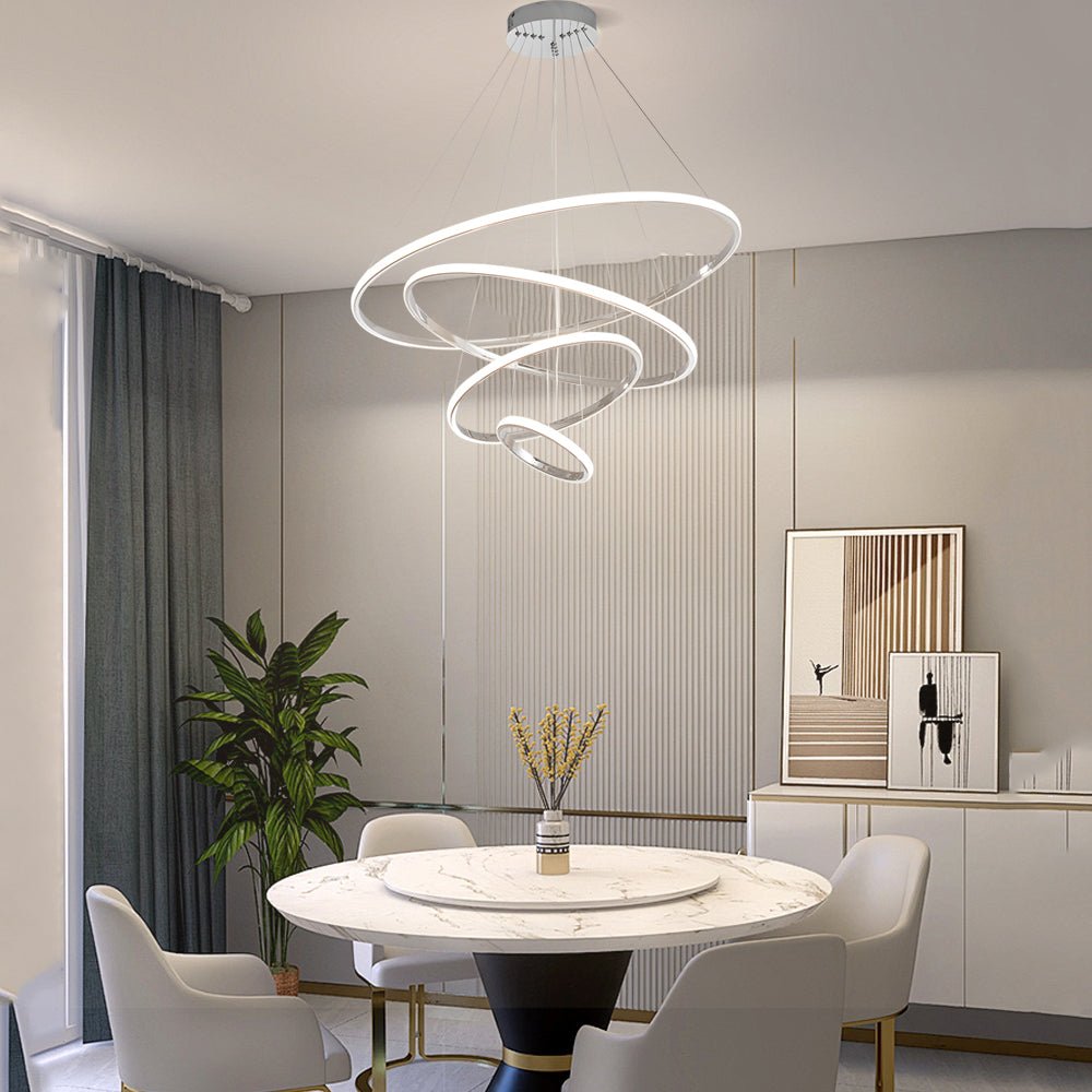 Tiered Ring Chandelier — Chrome Aluminum, 3/4-Light, LED Dimmable 3000K–6000K, Remote Control