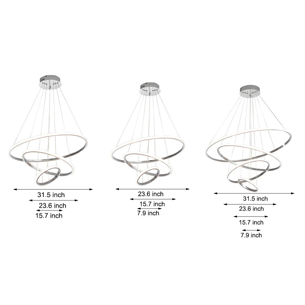 Tiered Ring Chandelier — Chrome Aluminum, 3/4-Light, LED Dimmable 3000K–6000K, Remote Control