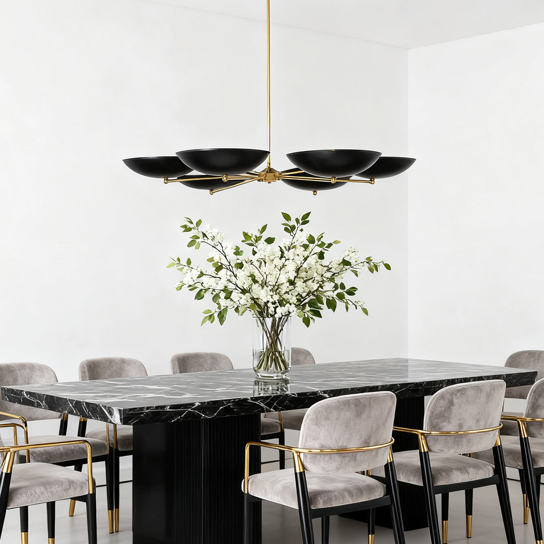 French Vintage Chandelier — Black and Gold Metal, 6-Light G9, 40" Diameter