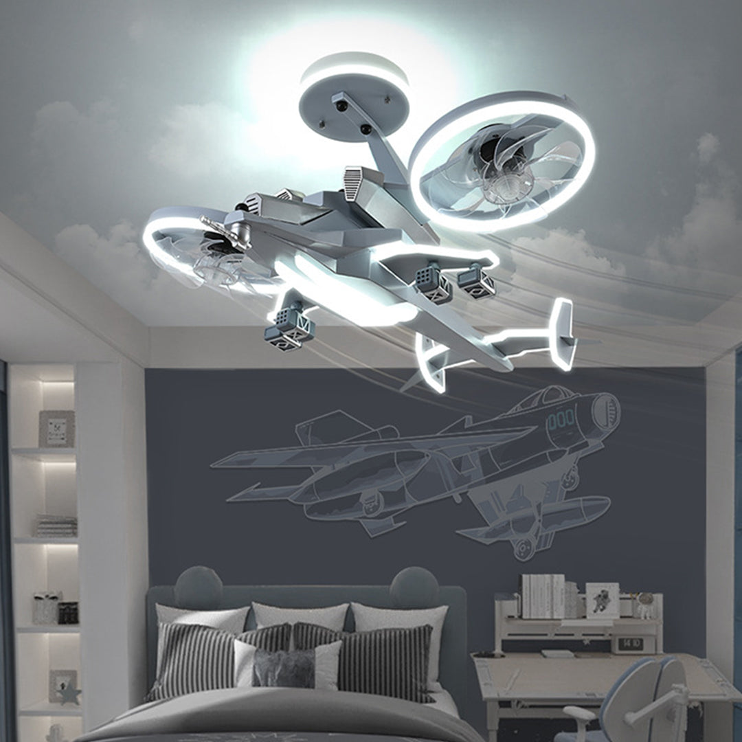 Fighter Jet Kids Ceiling Fan with Light — Metal, Acrylic Shade, Remote Stepless Dimming 3000K–6000K, 5-Speed, 360° Head
