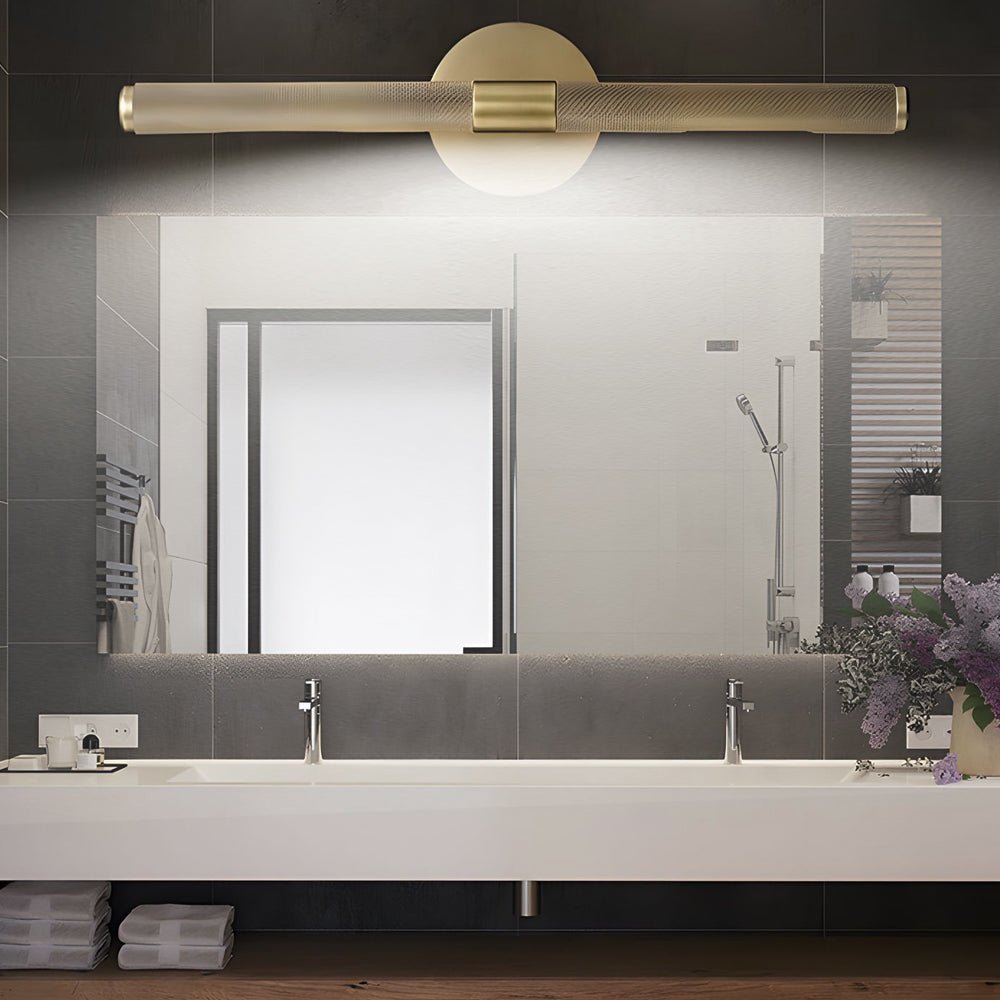 contemporary led bathroom vanity light fixture with knurled texture and adjustable swiveling head