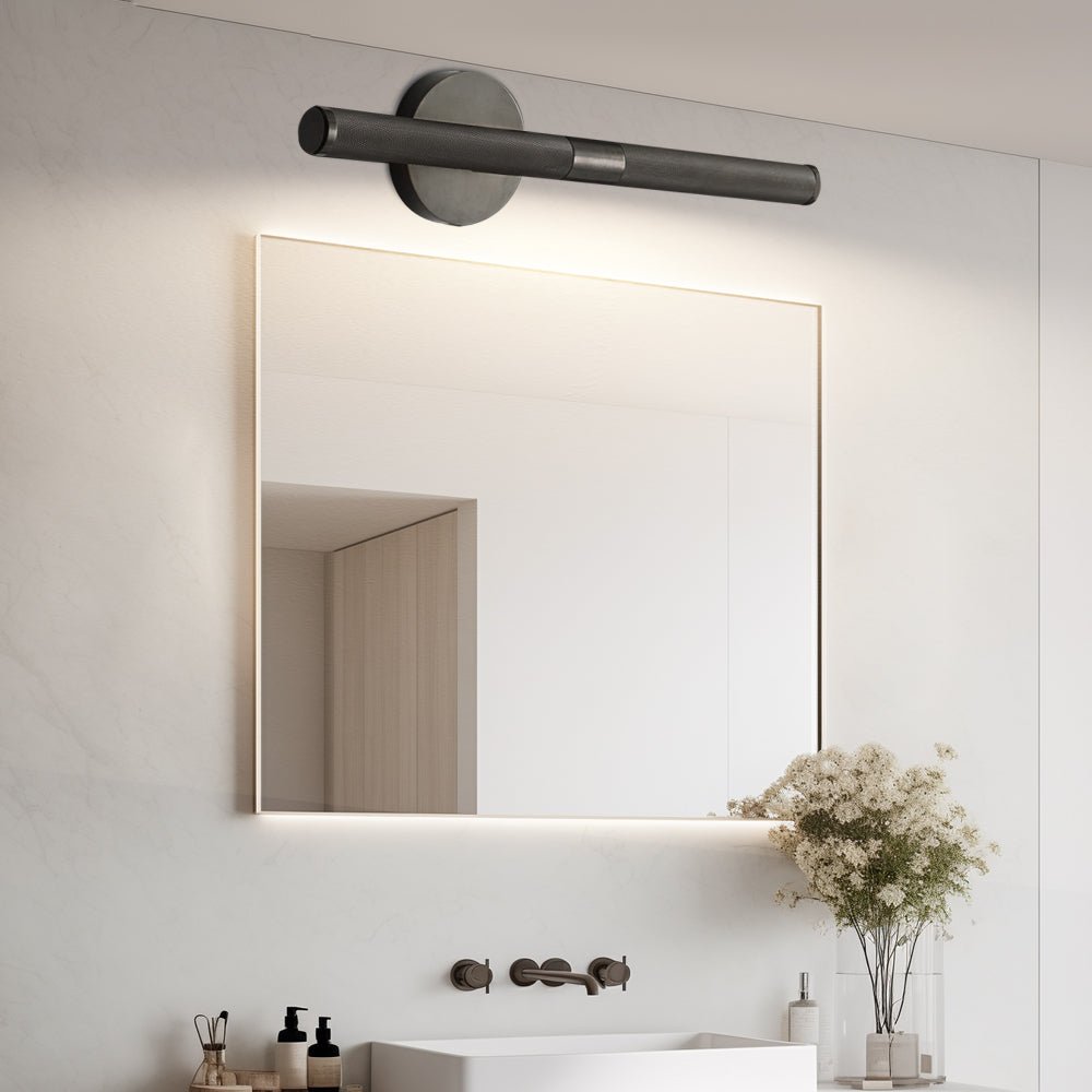 contemporary led bathroom vanity light fixture with knurled texture and adjustable swiveling head