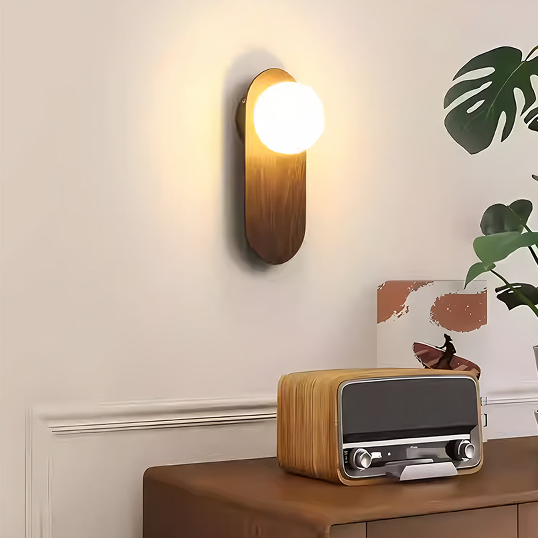 Mid-Century Minimalist Wood Grain Wall Sconce — Iron, Spherical Shade, G9, 5W, Three-Color Dimming