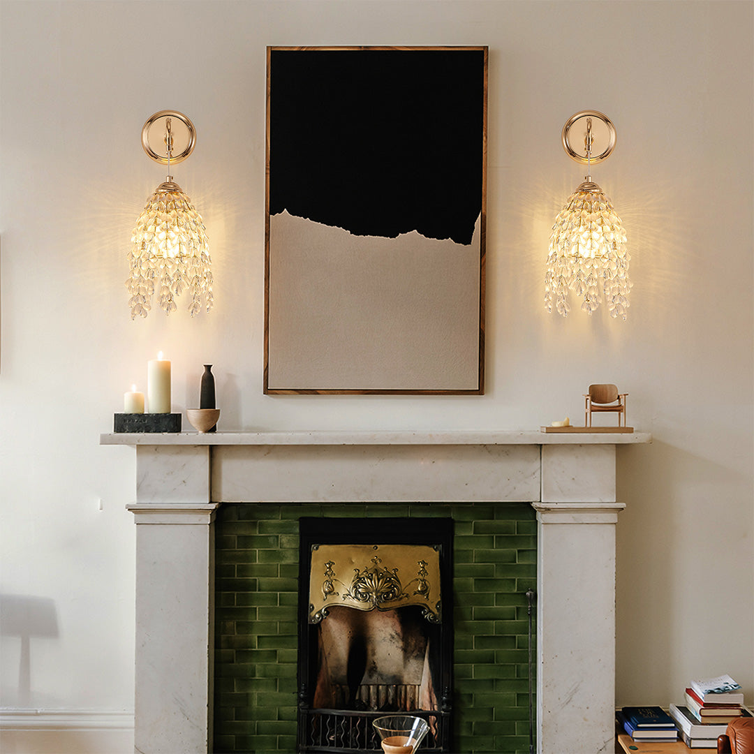Minimalist Crystal Wall Sconce — Gold Metal, E12 Hardwired, 8.66" × 18.11"