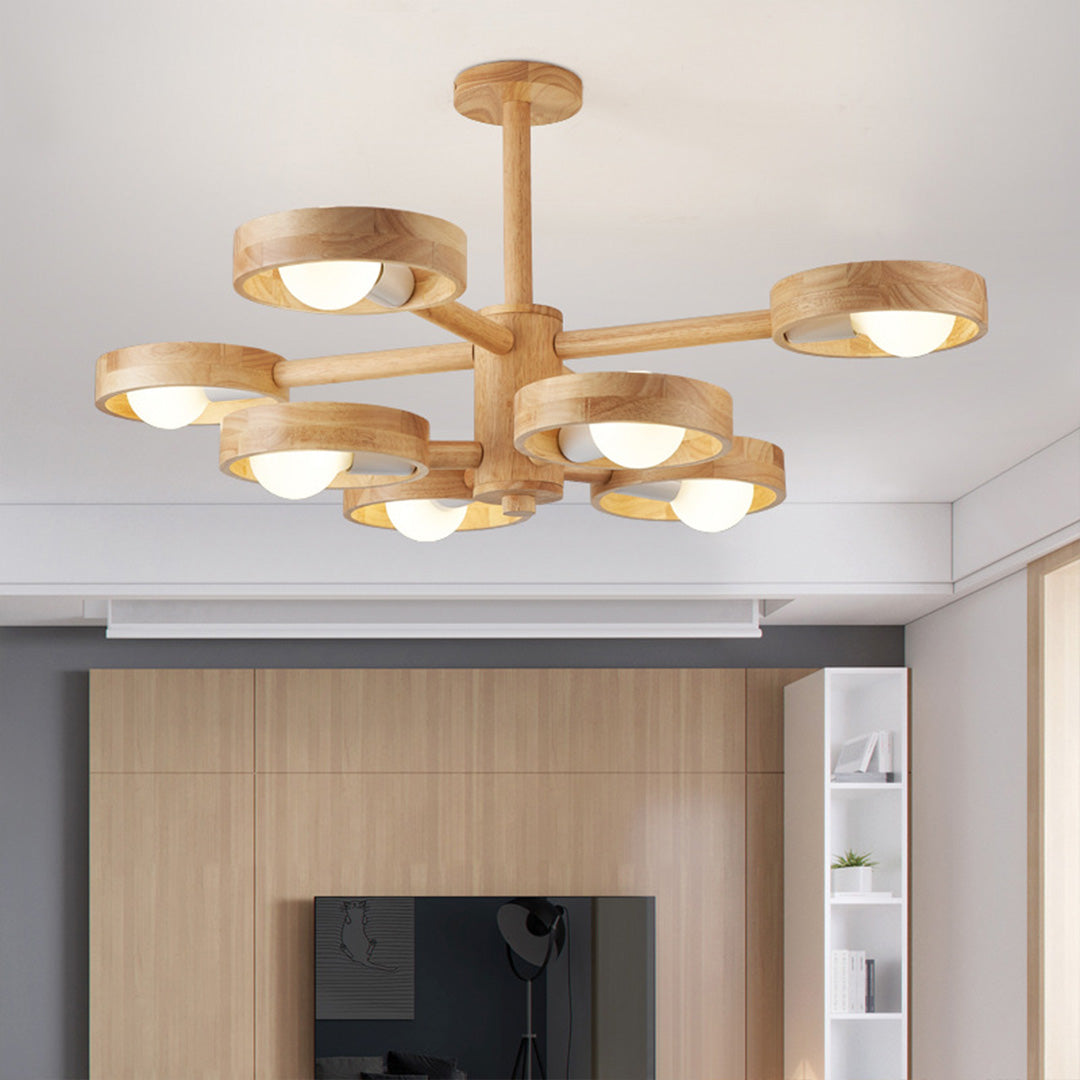 Rubberwood LED Chandelier — E27, Rotatable Shade, 3-Color Dimming, 3-Head / 5-Head / 6-Head / 8-Head