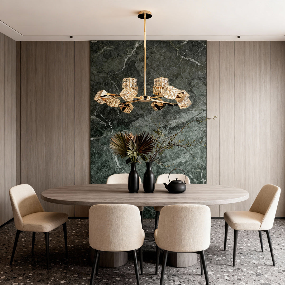 Cube Crystal Chandelier — Gold, LED, 3-Step Dimming, 6 to 15-Light Configurations