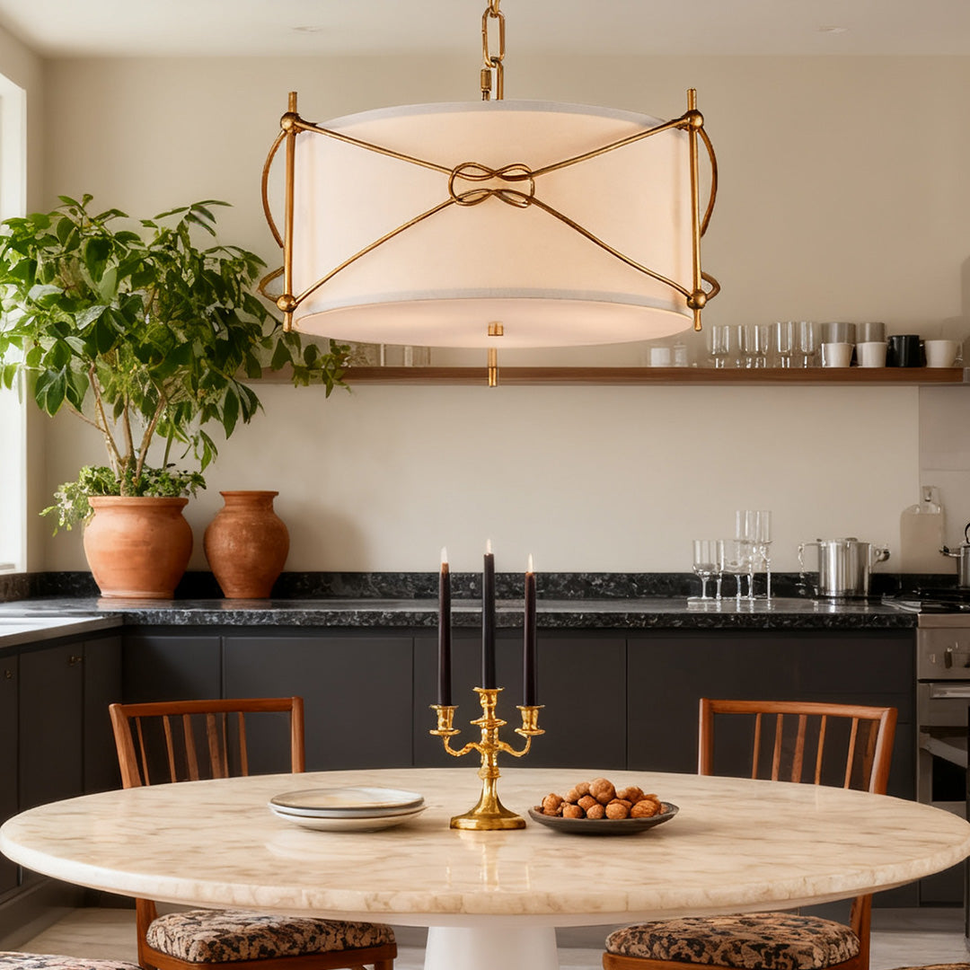 Drum Pendant Light — White Acrylic and Gold Metal Frame, 19.7" Diameter, E12, Adjustable Chain
