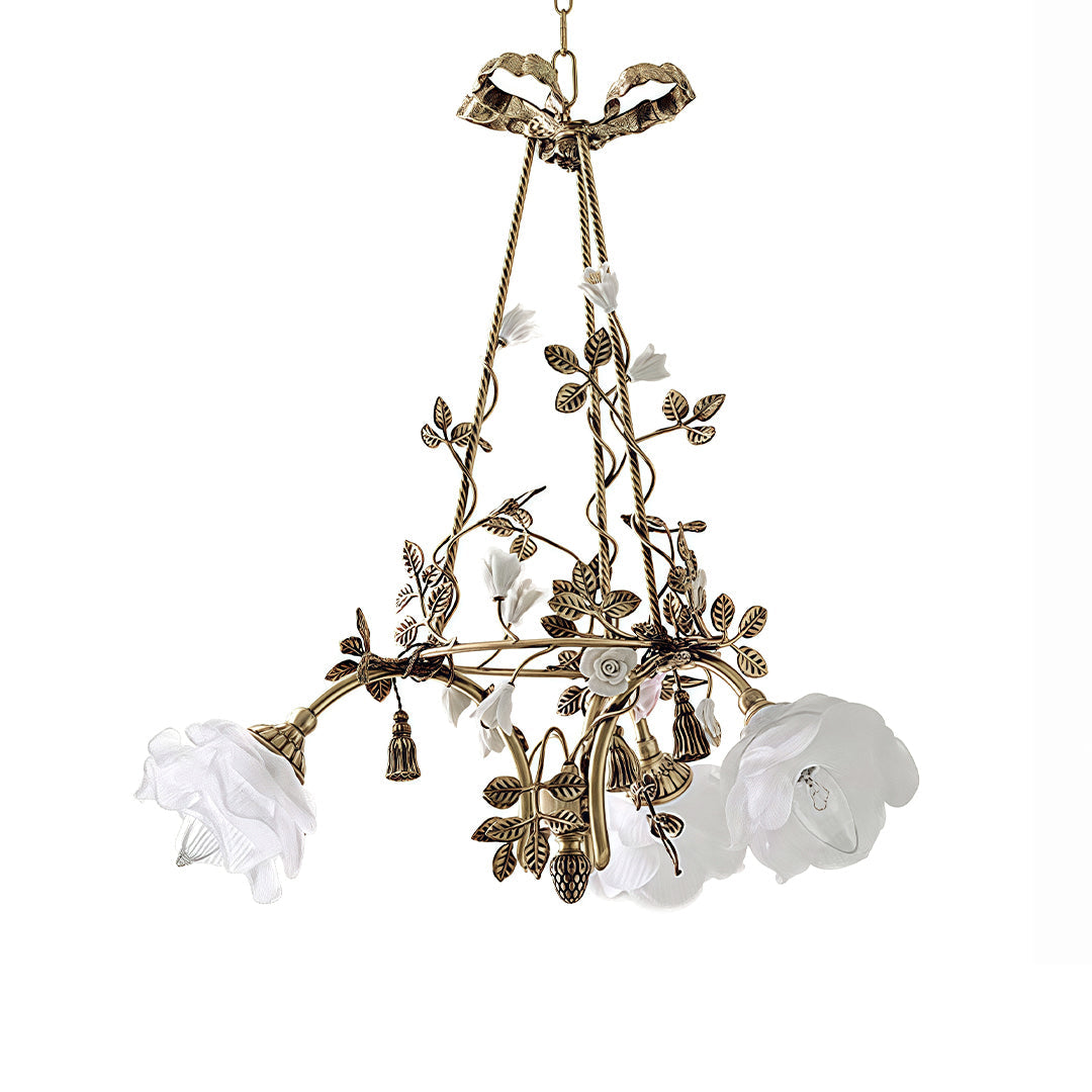 Flower Chandelier — White Glass Petals, Brass Frame, 3-Light or 6-Light, 2700K–3999K