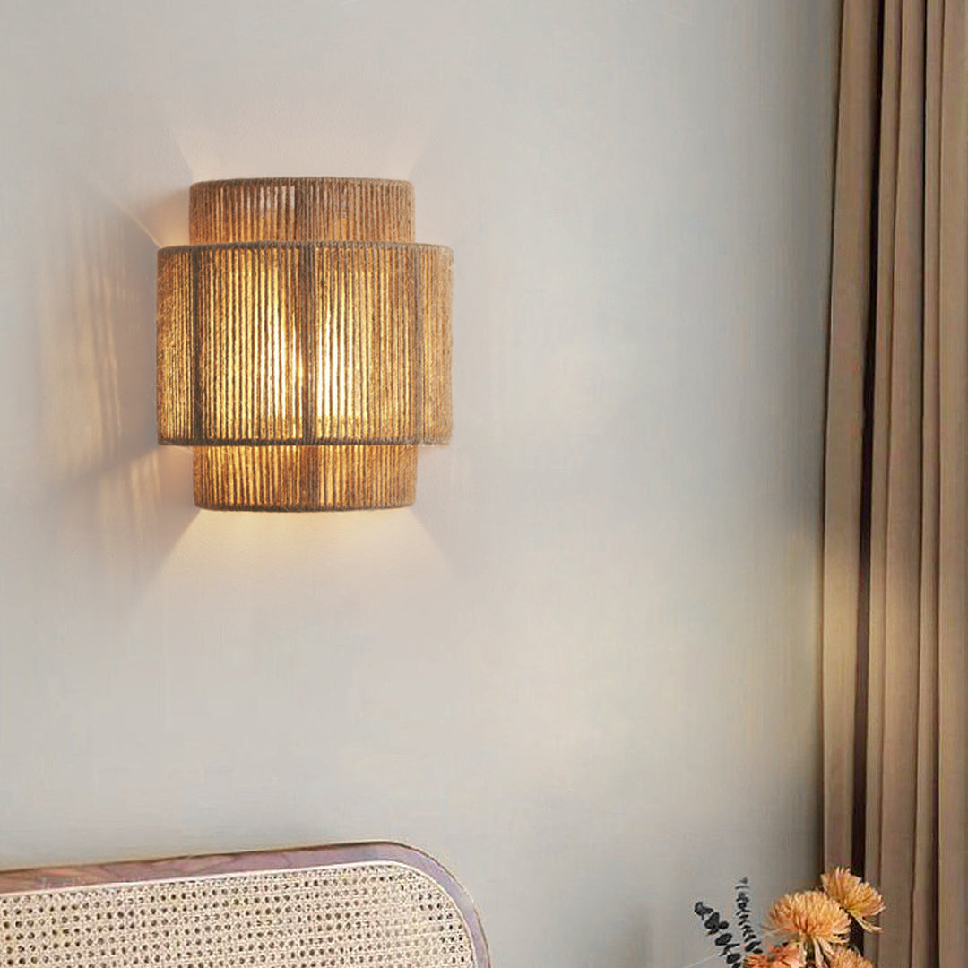 Wabi-Sabi Wall Sconce — Hemp Rope and Metal, E27, 3000K Warm LED, 9" × 9.8"