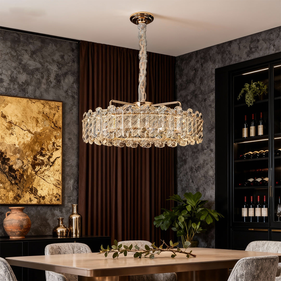 Crystal Chandelier — Champagne Gold Carbon Steel, LED, Dual-Color Dimming, Six Configurations, Adjustable 31.5" Cord