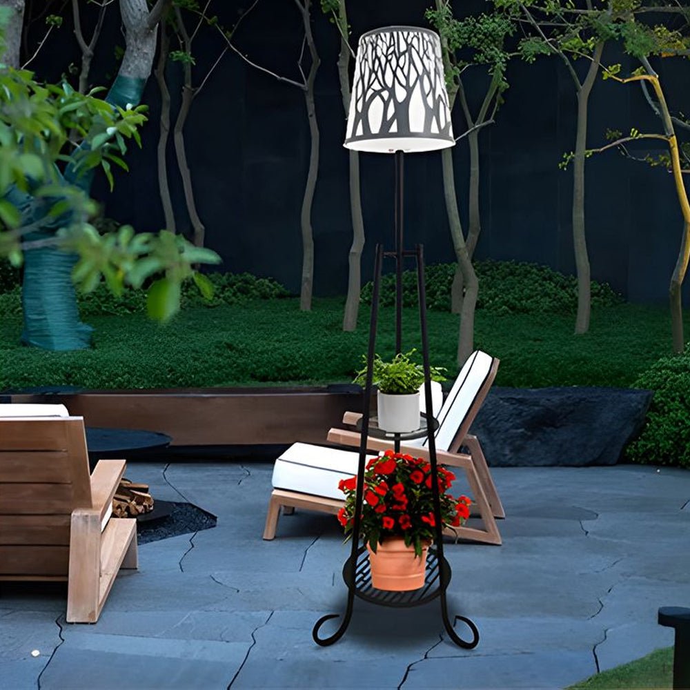contemporary outdoor floor lamp featuring shelves