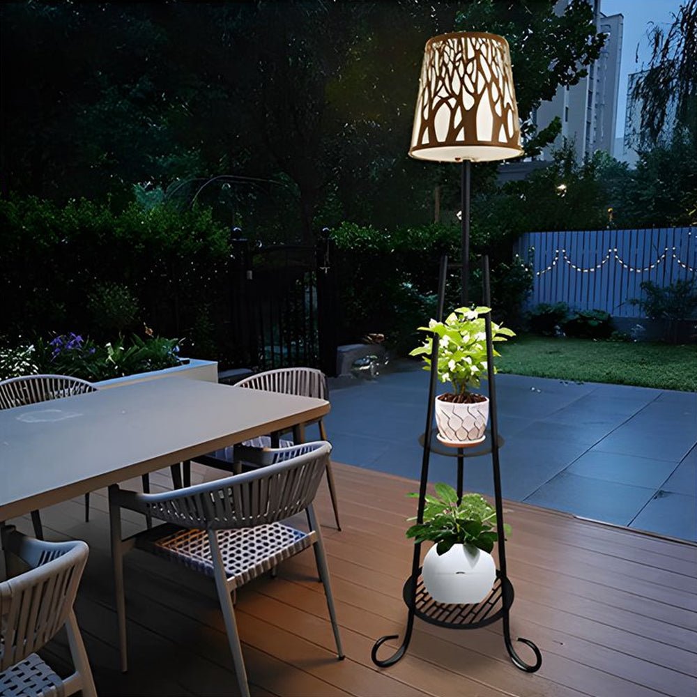 contemporary outdoor floor lamp featuring shelves