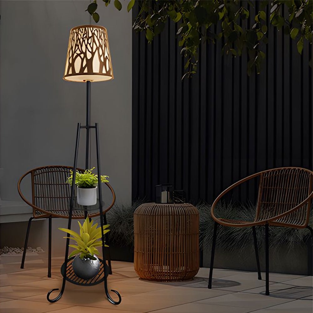 contemporary outdoor floor lamp featuring shelves