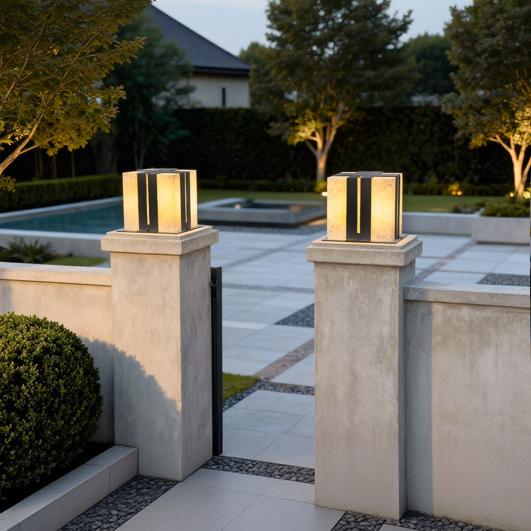 Faux Marble Outdoor Pillar Light — Black Stainless Steel, LED, IP65, 12W–16W, Short & Tall Styles, 3 Sizes
