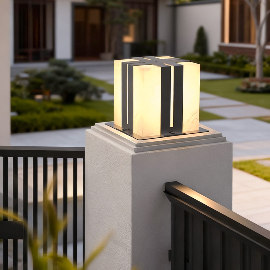Faux Marble Outdoor Pillar Light — Black Stainless Steel, LED, IP65, 12W–16W, Short & Tall Styles, 3 Sizes