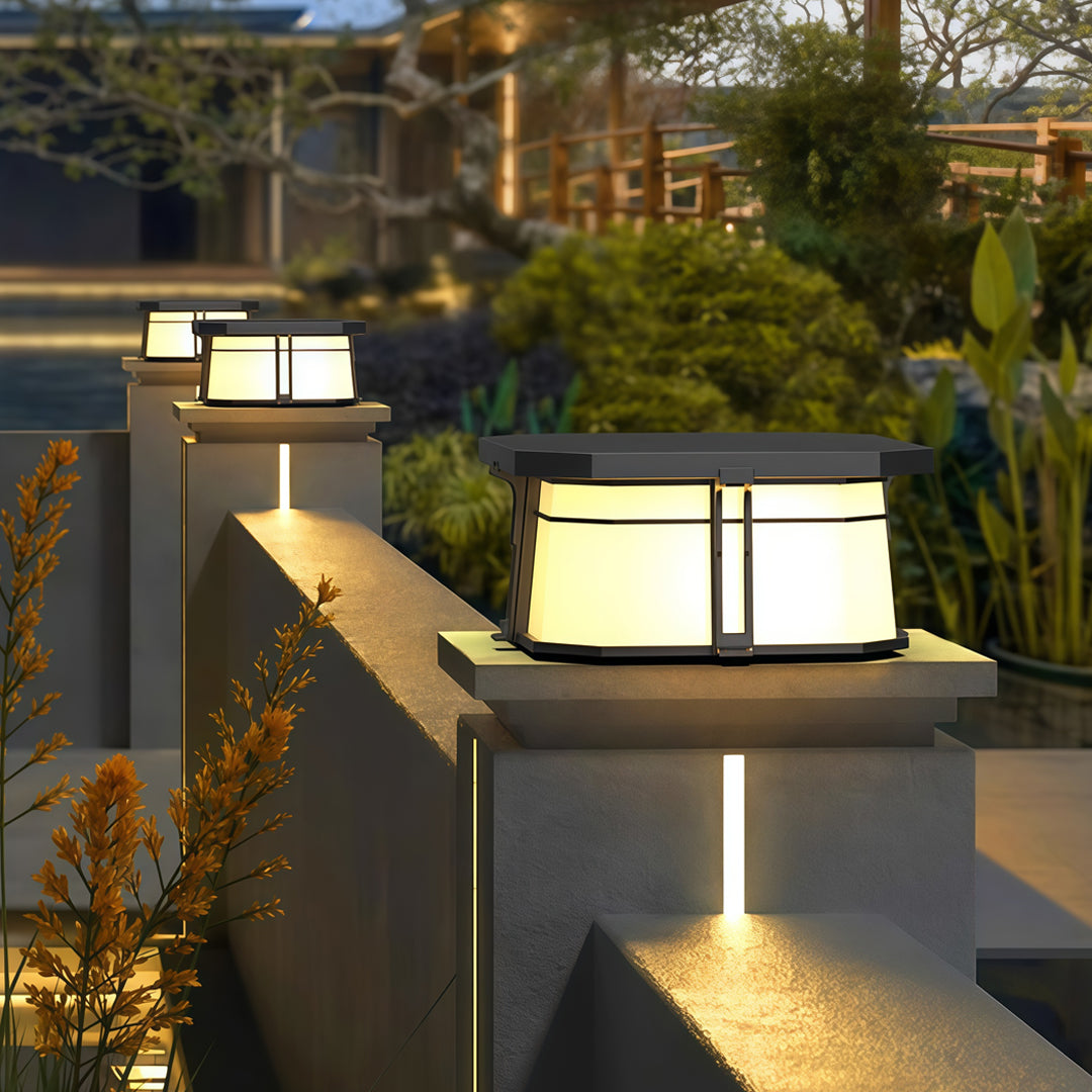 Black Outdoor Pillar-Top Post Light — Stainless Steel & Acrylic, LED, Solar or Hardwired, IP65, 2 Sizes