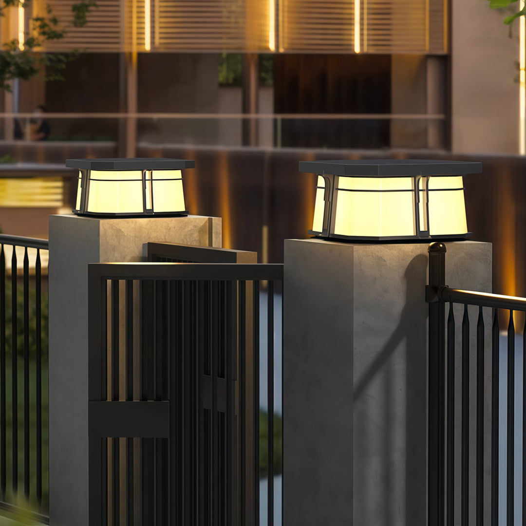 Black Outdoor Pillar-Top Post Light — Stainless Steel & Acrylic, LED, Solar or Hardwired, IP65, 2 Sizes