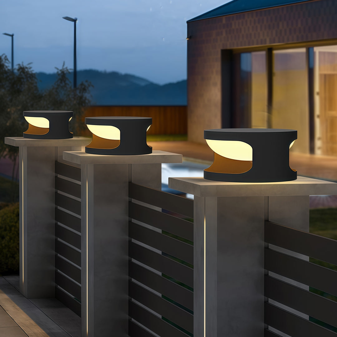 Round Outdoor Pillar-Top Light — Stainless Steel & Acrylic, LED, IP65, Solar or Hardwired, 3 Sizes