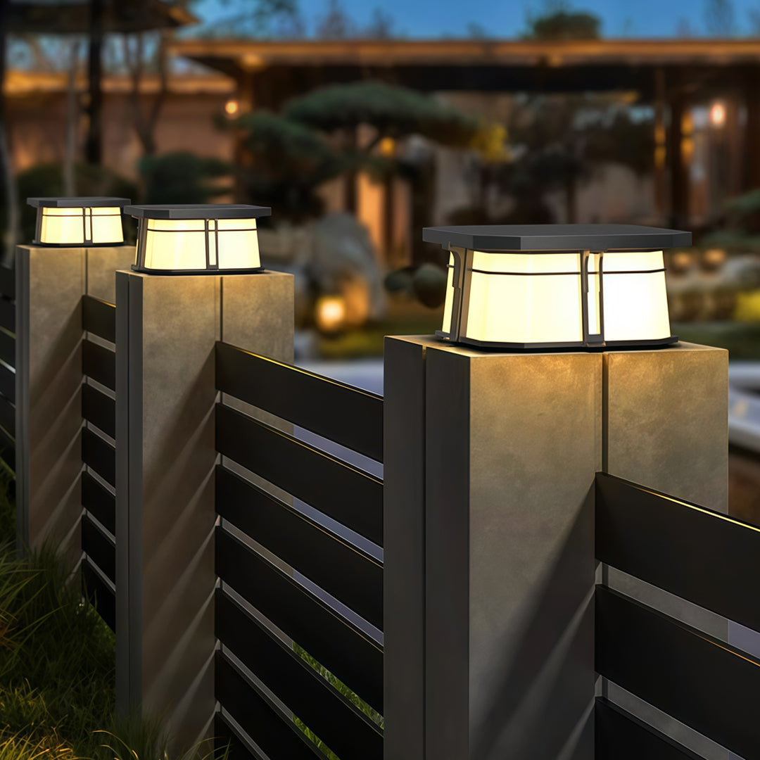 Black Outdoor Pillar-Top Post Light — Stainless Steel & Acrylic, LED, Solar or Hardwired, IP65, 2 Sizes