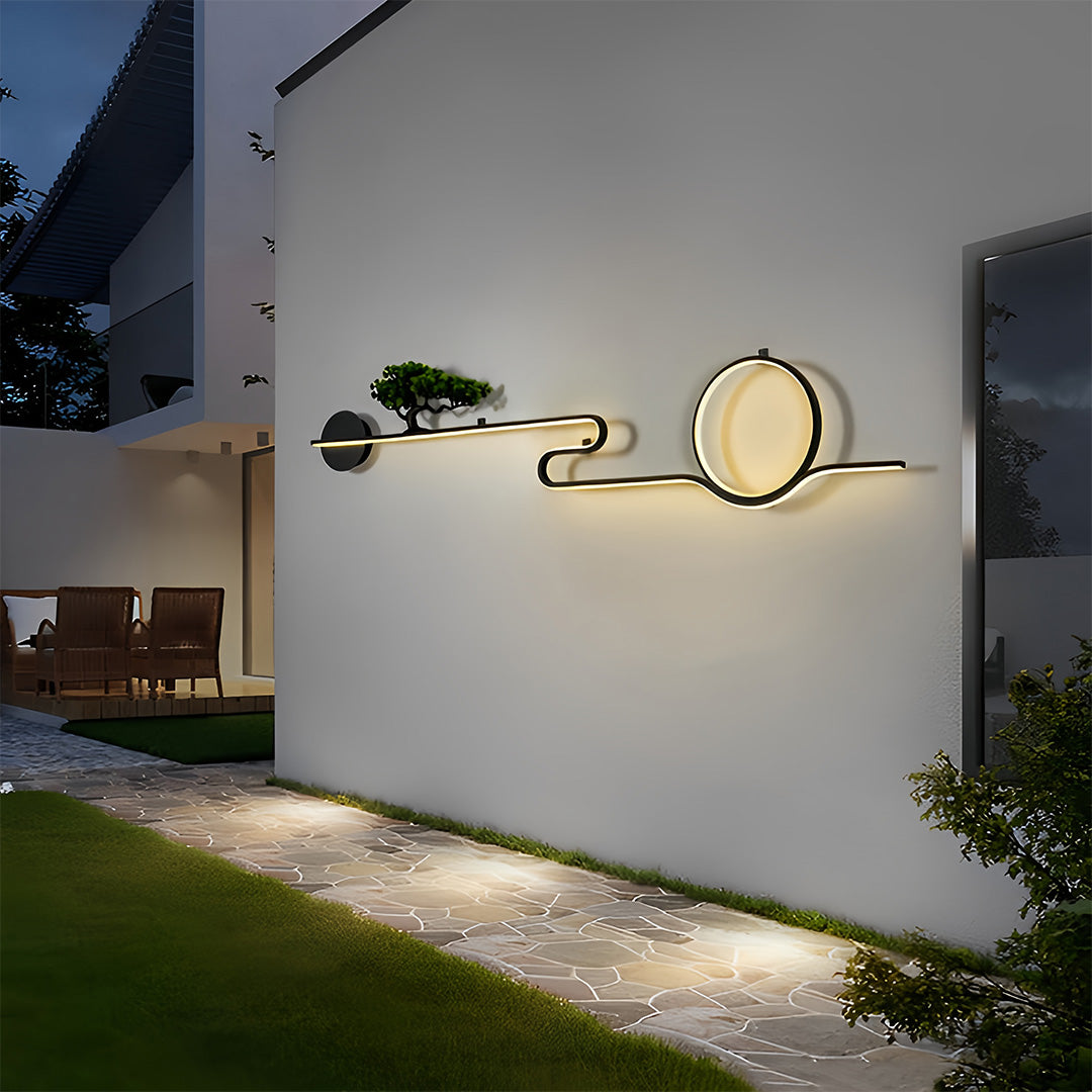 Resin Tree & Moon Outdoor Wall Sconce — Black Aluminum, LED, 20W/26W/30W, 3000K, IP65 Weatherproof