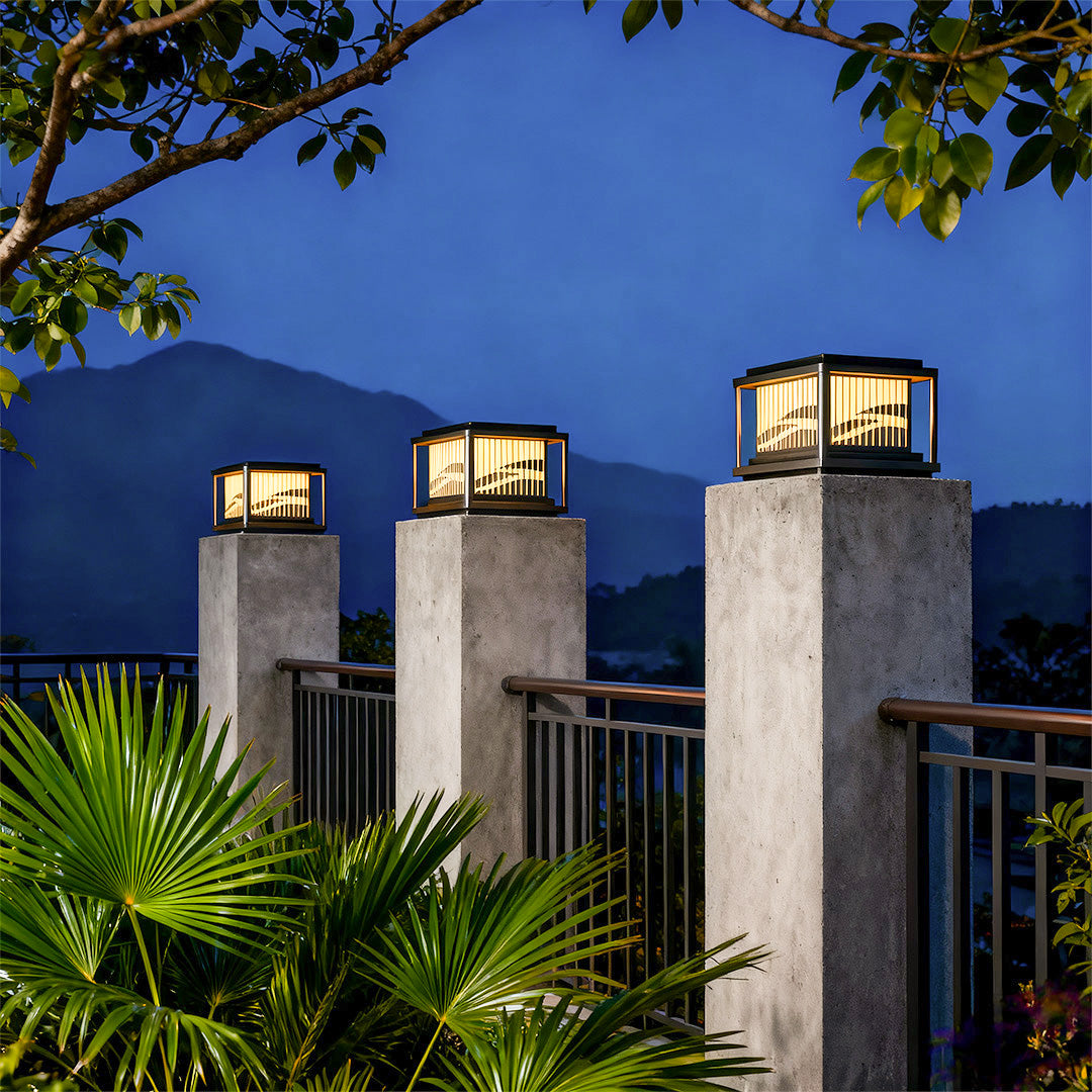 Contemporary Wave-Pattern Outdoor Pillar Light — Aluminum & Acrylic, Solar / Hardwired, Four-Color LED, IP54, 9.8"–15.8"