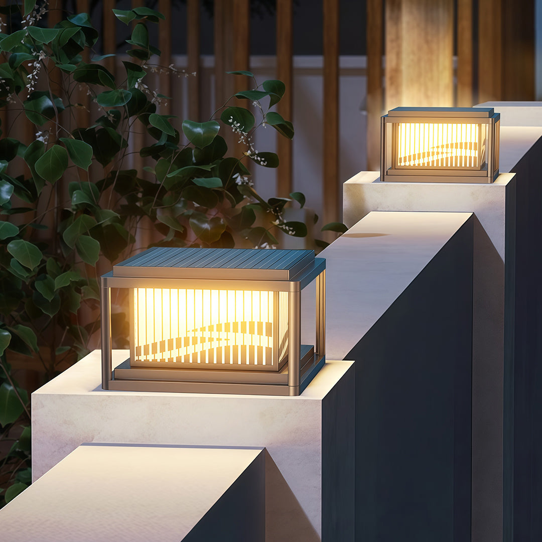 Contemporary Wave-Pattern Outdoor Pillar Light — Aluminum & Acrylic, Solar / Hardwired, Four-Color LED, IP54, 9.8"–15.8"