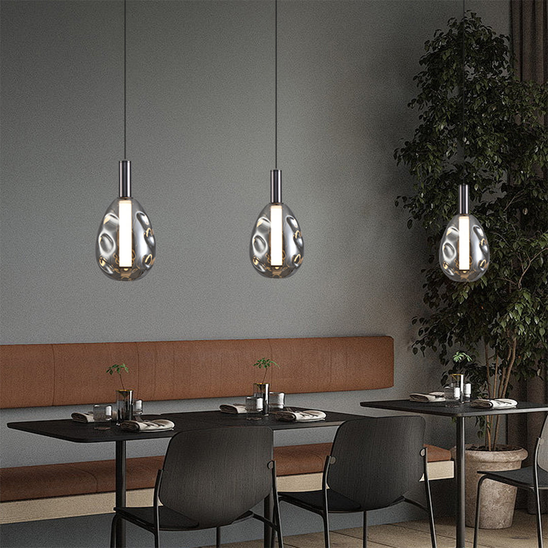 Minimalist Branch Drum Pendant Light — Wrought Iron, Smoke Grey Glass, Three-Color Dimming, Adjustable Chain