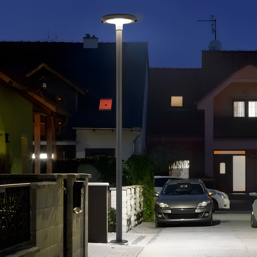 contemporary round led solar garden post lights with dual motion sensors
