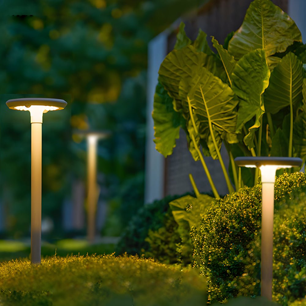 contemporary round led solar garden post lights with dual motion sensors