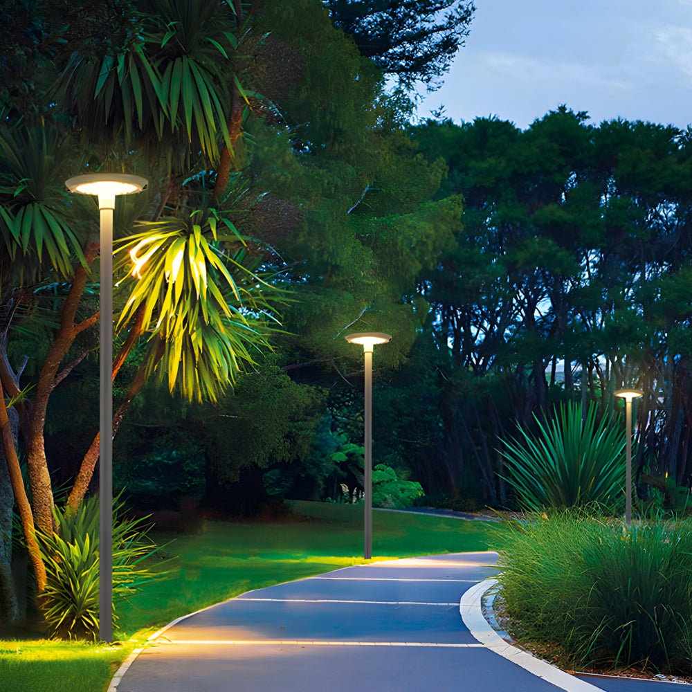 contemporary round led solar garden post lights with dual motion sensors