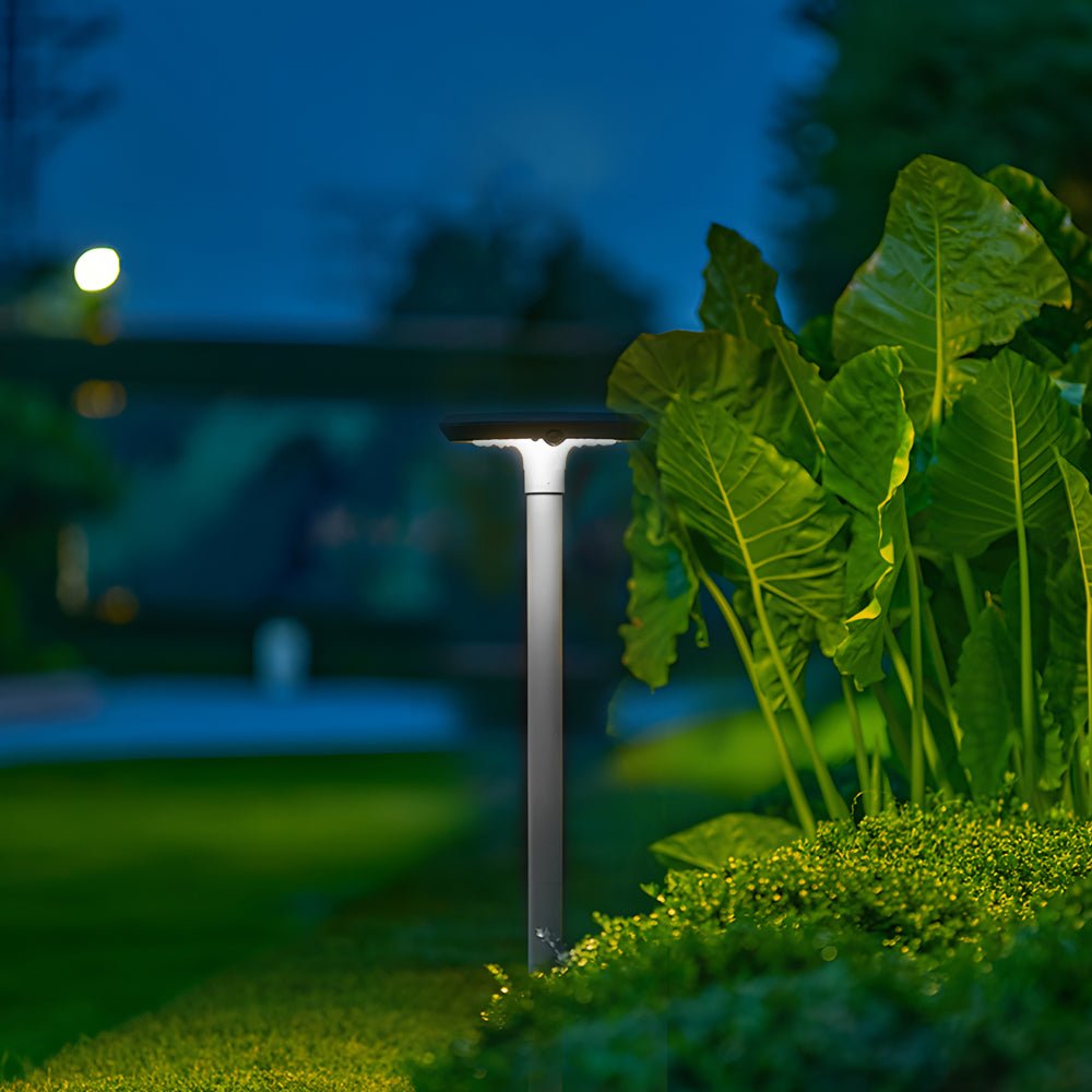 contemporary round led solar garden post lights with dual motion sensors