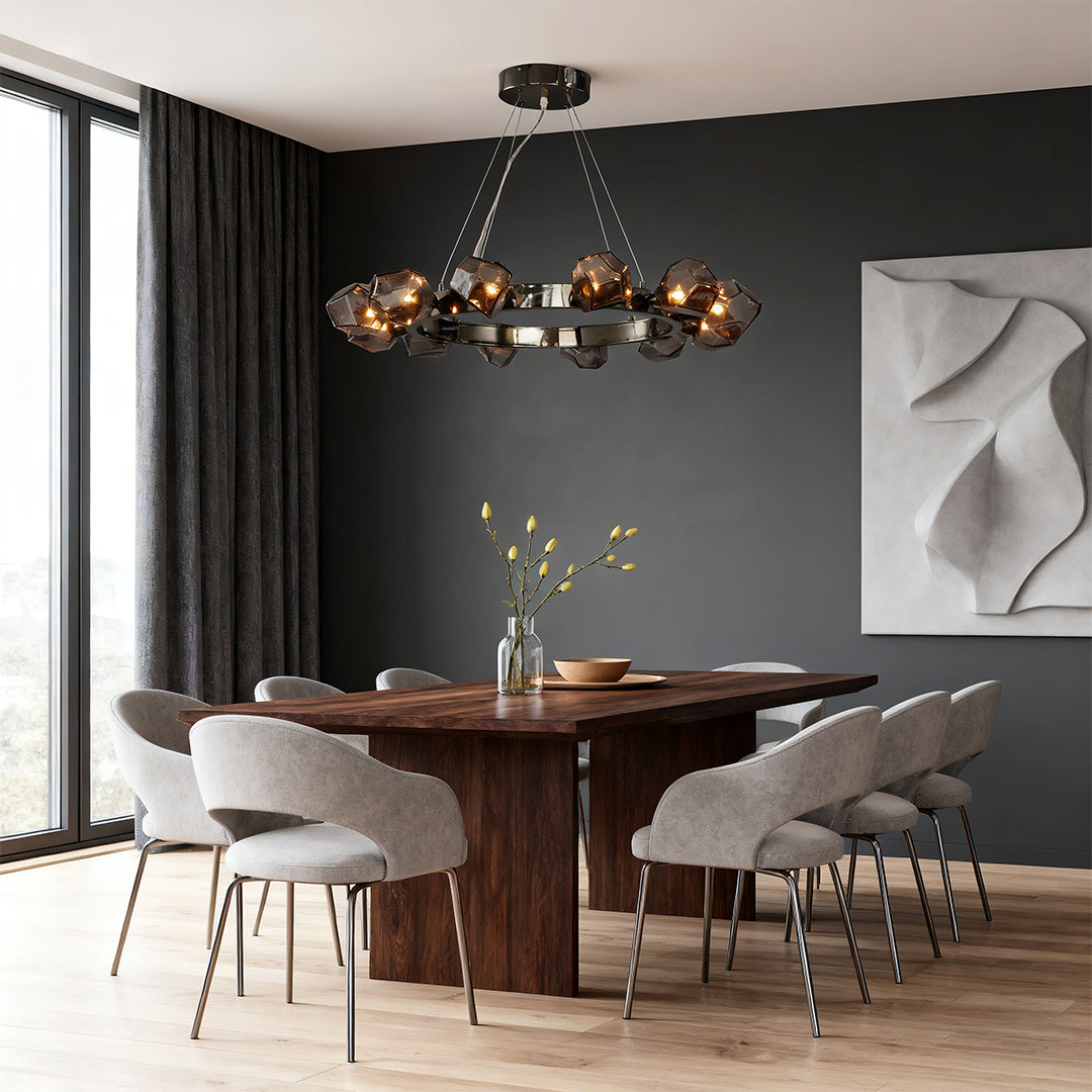 Geometric Glass Shade Round Chandelier — Black Metal, E12, Adjustable 1.8m Cord, 30.9"